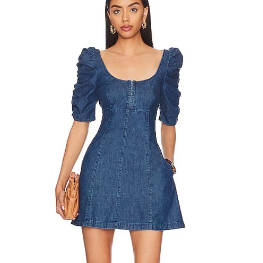 Free People Denim Blue Mini Dress with Puff Sleeves